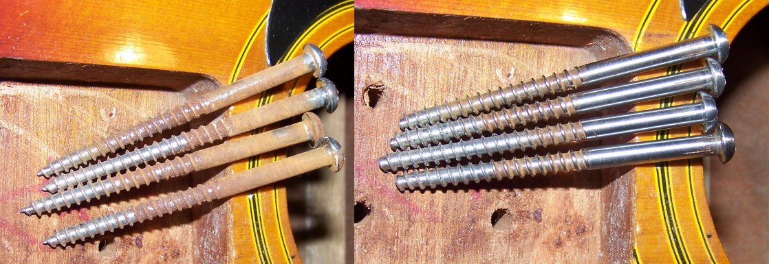 Neck screws before and after cleaning.