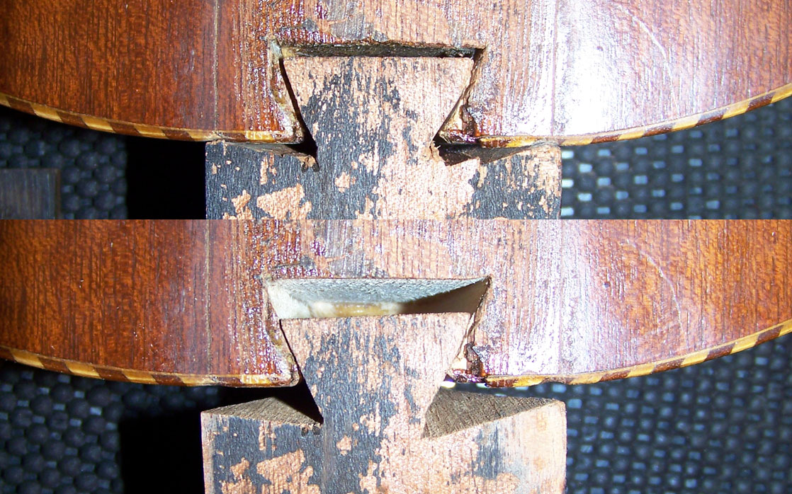 Neck joint with way to much free space (top), and glue removed (bottom)