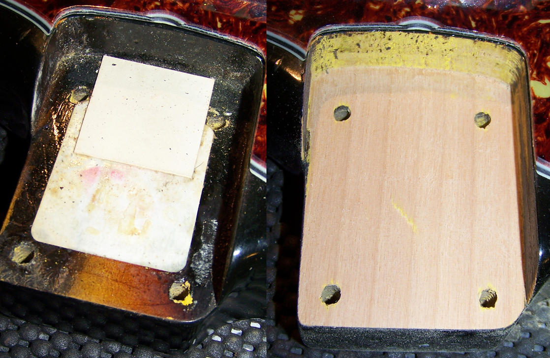 Left the old shim. Right: The surface sanded to bare wood