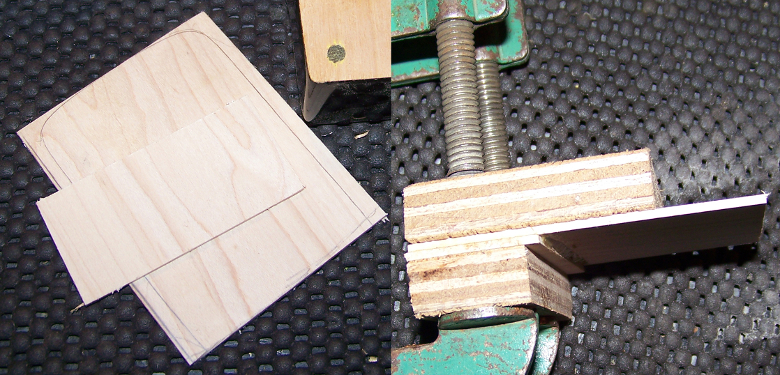 Left: Two pieces of thin wood. right: The pieces being glued and clamped together.