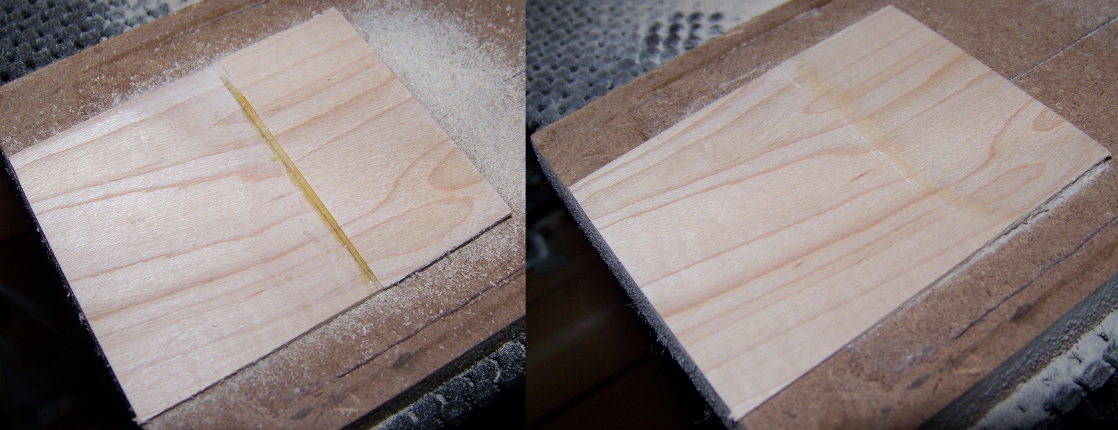 Left: The pieces of wood taped down. Right: shaped to a wedge