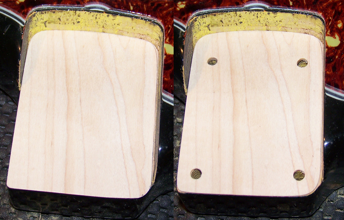 Left:  The shim glued into the neck pocket. Right: Holes drilled